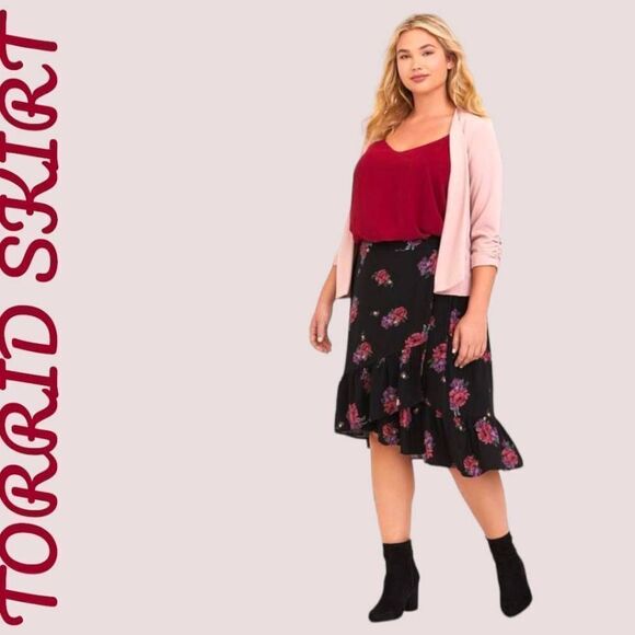 TORRID Plus Size New Midi Floral Challis Faux Wrap Skirt. - Picture 1 of 15